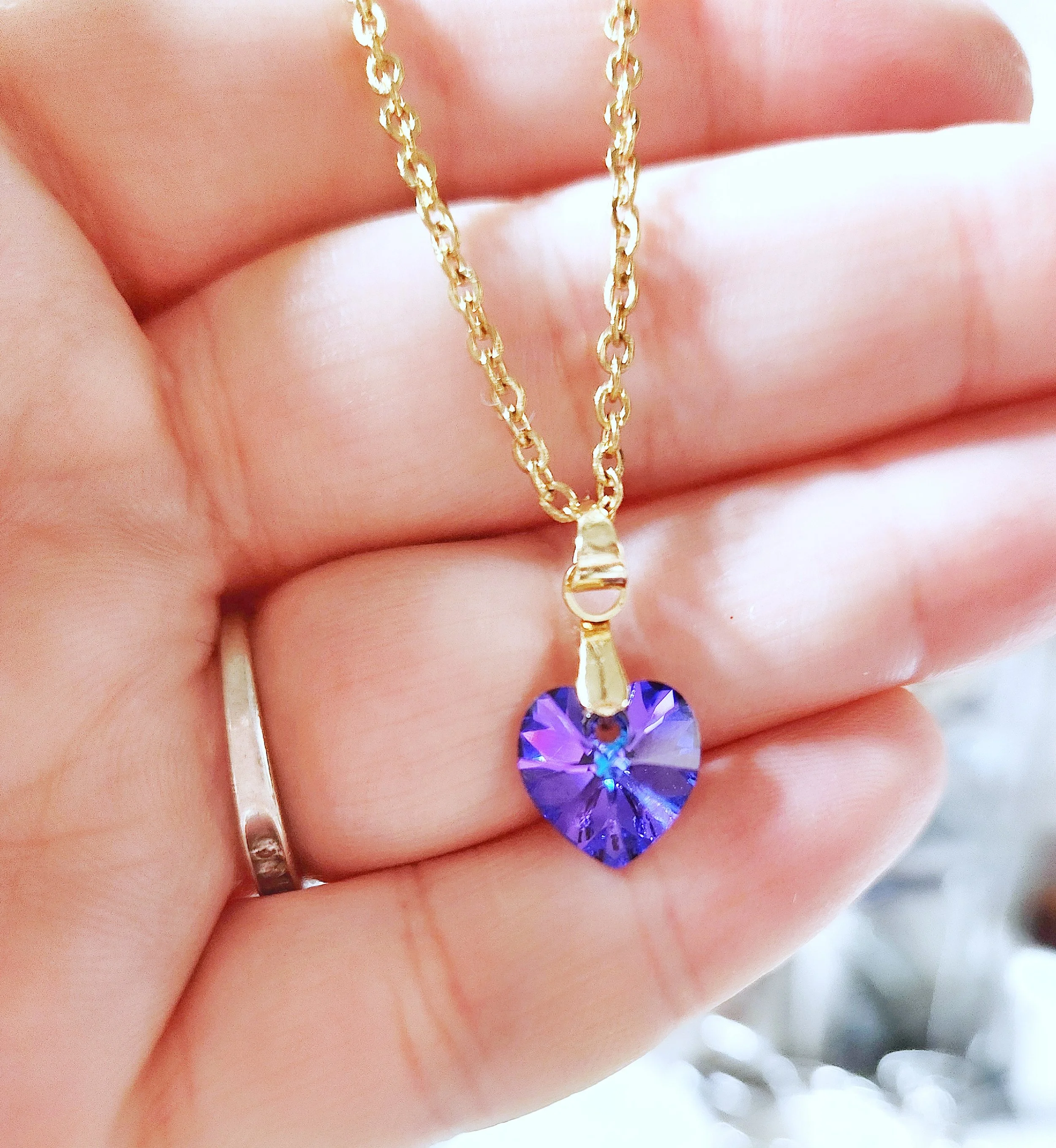 Purple Violet Dainty Heart Necklace with Swarovski Crystal